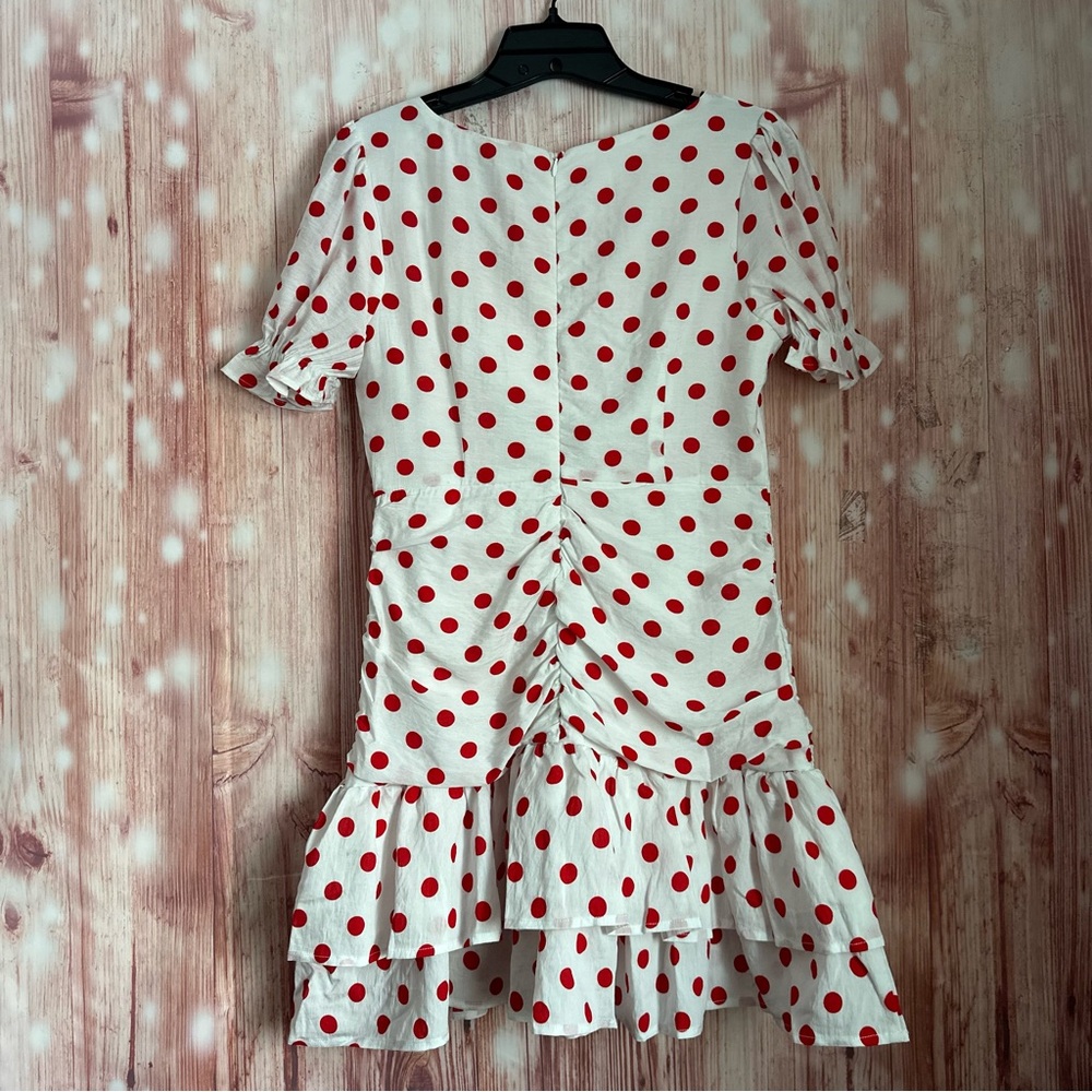 Endless Rose White Retro Style Red Polka Dot Ruffle Hem Ruched Mini Dress Size M - Picture 12 of 16